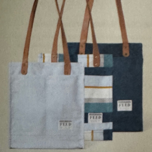 FEED Projects Canvas Market Tote Shoulder Bag Blue with Leather Straps - Picture 3 of 4